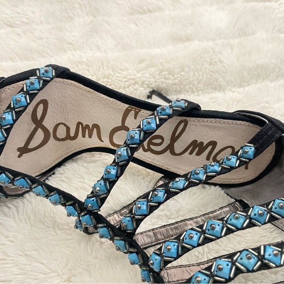 Sam Edelman Studded Gladiator Black Turquoise Strappy Sandals Heels Size 8.5 - Picture 7 of 15
